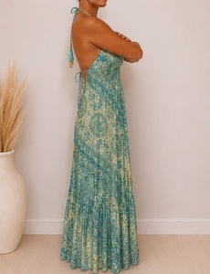 Vestido Maxi de Mujer con Estampado Paisley Verde, Estilo Boho, Cuello en V, Cintura Elástica, Corte Regular, Tejido 100% Seda, Ropa Casual de Verano - Product Image 3