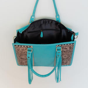 Sac fourre-tout large turquoise en cuir gaufré usiné à la main et portefeuille occidental en cuir de vachette pour femmes Meilleure vente - Product Image 6