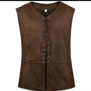 Men's Polyester Cotton Breathable O-Neck <b>Lace</b>-Up Sleeveless Punk Style <b>Vest</b> with Hollow Out Decoration - Product Image 1