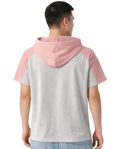 Men Short Sleeve Hoodie T Shirt Grey <b>Pink</b> Color Block Casual Pullover Hooded Top With Logo Soft Cotton Blend Summer Wear Styles - Product Image 2