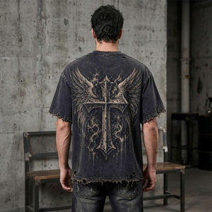 เสื้อยืดลายกราฟิกแบบทำเก่าสไตล์วินเทจ ผ้าคอตตอนหนานุ่ม พิมพ์โลโก้ตามสั่ง ผลิตเสื้อผ้าสตรีทแวร์ แบรนด์ Cross Winged โรงงานผู้ผลิต - Product Image 2