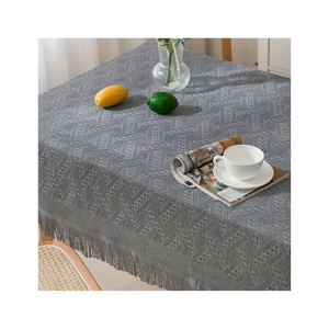 Striped Embroidered Classic Style Woven Cotton <b>Square</b> <b>Tablecloth</b> 70x108 Inch Washable Home Use Customizable - Product Image 4