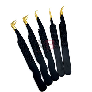 Anti-static High Precision Gold-Plated Eyelash Tweezers <b>Set</b> Black Handle Smooth Tip Curved Straight Lash Extension Tools - Product Image 3