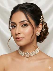 Ensemble de bijoux de mariée vintage en cuivre plaqué or de haute qualité avec cristaux, collier long Mala, boucles d'oreilles et Maang - Vente en gros - Product Image 3