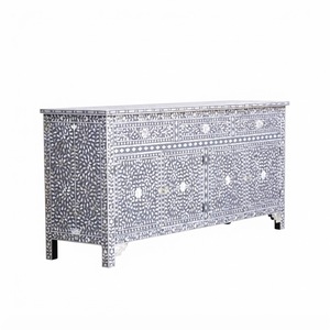 Commode de chambre à coucher de luxe à 3 tiroirs en os incrusté, motif optique géométrique noir et blanc, faite à la main, vente en gros - Product Image 3