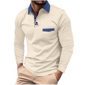 Polo décontracté pour hommes 100 % coton en toile à manches longues, boutonné, à rayures, uni, coupe classique, printemps, été, automne - Product Image 3