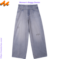 Jean décontracté pour femme en denim, coupe ample et large, double ceinture, poches fendues, déchirures et effets usés, délavage élégant, 100% coton