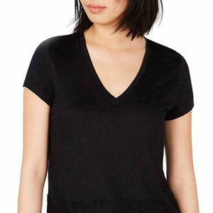 Camiseta de manga corta con cuello en V 100% algodón para mujer, personalizada, lisa, con estampado a cuadros, apliques, nueva, elegante y personalizada. - Product Image 2