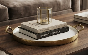 Plateau rond moderne en métal avec un grand design en marbre et métal, nouveau plateau élégant pour servir le petit-déjeuner et les aliments - Product Image 5