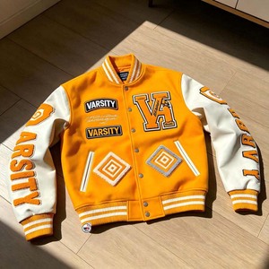 Varsity <b>Jacket</b> <b>Mens</b> Orange <b>White</b> Sleeve Embroidered Letter V Front Button Closure Preppy Style Baseball Softball Varsity <b>Jackets</b> - Product Image 1