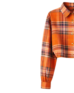 Camisa Corta a Cuadros Naranja Personalizada para Mujer, Cuello Camisero, Manga Larga, Botones, Blusa Casual de Moda, Proveedor OEM - Product Image 4