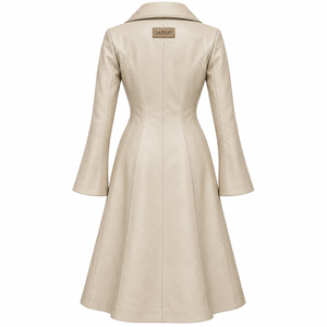 Manteau long pour femme en cuir beige crème, sur mesure, avec col châle large et manches évasées, style trench-coat. - Product Image 2