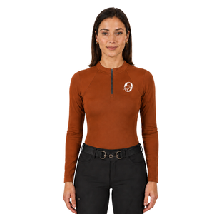 Haut de performance respirant et extensible à manches longues pour femme, couleur orange rouille, avec quart de zip, idéal pour l'équitation et l'entraînement équestre - Product Image 1