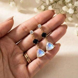 Rainbow Moonstone Trillion Cut & Black Obsidian Round Faceted Drop <b>Earrings</b> With CZ Accent Elegant Handmade Gemstone Stud <b>Dangle</b> - Product Image 5