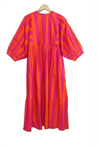Robe longue en coton tissé à motif floral, col rond, manches courtes bouffantes, coupe ample, pour femme, usage quotidien, broderie unie naturelle - Product Image 5