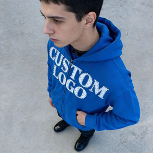 Sweat-shirts pour hommes en tissu doux bleu vif, avec logo personnalisé imprimé, fermeture éclair sur le devant, coupe ample, confortables, tendance, décontractés, pour tous les jours, style streetwear. - Product Image 2