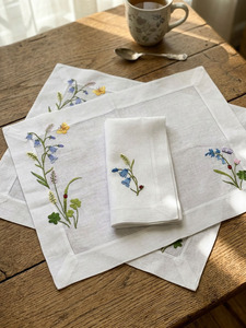 Custom Washable Reuse Embroidery Flowers in The Garden <b>Placemats</b> Napkins Sets 100% Linen Hemstitch Mats Home Wedding Events - Product Image 2