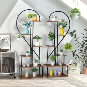 Supporto per Piante a Mezza Cuore in Ferro e Legno, 6 Livelli, 2 Pezzi, Ideale per Giardino, Balcone, Patio, Prato, Decorazione Domestica - Product Image 2