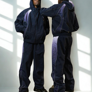 <b>Men's</b> <b>Navy</b> Blue Hooded Tracksuit Set Full Length Zipper Sporty Casual Two-Piece <b>Jogger</b> Pants Breathable 100% Organic Cotton Plus - Product Image 1