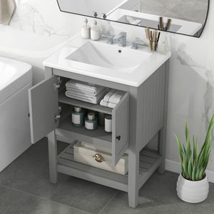Tocador de baño gris elegante moderno de 24 \ ", fregadero de cerámica elegante, marco de madera maciza, estante de estilo abierto, vídeo (OLD SKU) - Product Image 2