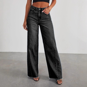 Pantalones vaqueros de mujer al por mayor, de cintura alta, pierna ancha, con dobladillo deshilachado, lavado medio, ajuste holgado, estilo casual - Product Image 3