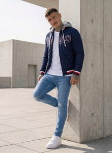 Men's Navy Quilted Hooded <b>Jacket</b> With Embroidery Logo Zipper Closure Casual Autumn Wear - Product Image 2