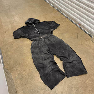Ensemble sweat à capuche et pantalon délavé à l'acide, 100% coton tricoté, survêtement zippé en molleton - Product Image 3