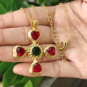 Trendy Jewelry 18k Gold Plated Cross Pendant Garnet Quartz and Emerald Quartz Multi Gemstone Christian Cross Pendant Necklace - Product Image 2