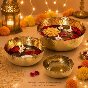 Luxury Handmade Hammered Lotus Brass Bowl Set of 3 Decorative Serving & Floating Candle Urli Bowls with Lid <b>Christmas</b> Easter - Product Image 3