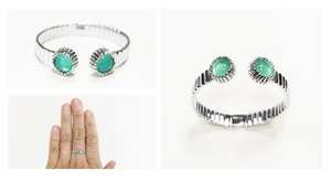 Bague ouverte verte à rayures en argent sterling avec pierres d'amazonite rondes, bande texturée, bijoux de créateur modernes, cadeau pour femme - Product Image 2