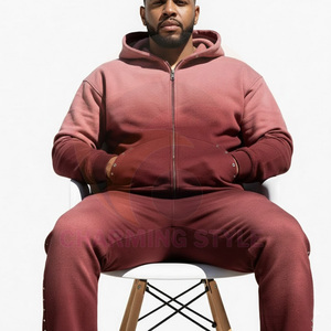 Ensemble de survêtement d'hiver personnalisé avec logo brodé appliqué, effet délavé à l'acide, style vintage, pantalon de survêtement ample et droit, 100% coton - Product Image 2