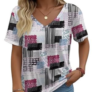Camiseta de verano a cuadros con cuello en V para mujer, camisetas informales de manga corta para exteriores, ropa de mujer de talla grande con estampado a cuadros - Product Image 1