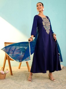 NOIIR PIGEON <b>Womens</b> Heavy Viscose Silk Embroidered Wrinkle-Free Traditional Flared <b>Kurta</b> Pant & Printed Georgette Dupatta Set - Product Image 3