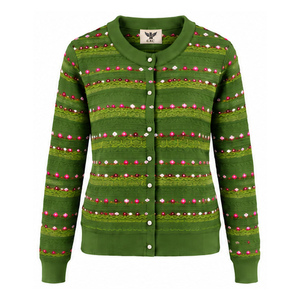 Cárdigan de Cuello Redondo para Mujer, Tejido Jacquard Verde, con Bordado, Botones al Frente, Manga Larga, Anti-Pilling, Tacto Suave y Abundante de Algodón - Product Image 1