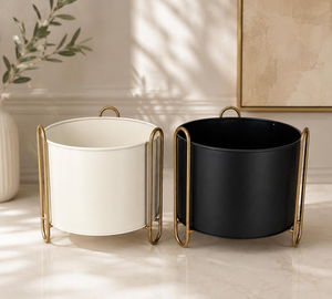 Black and Ivory Metal <b>Planters</b> with <b>Gold</b> Stands Modern Indoor Flower Pots for Elegant Living Room Bedroom Office and Luxury Home - Product Image 2