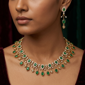 Elegante Juego de Collar con Colgante de Piedra Verde Artificial Chapado en Oro y Pendientes a Juego para Mujer, Joyería Étnica para Fiestas - Product Image 1