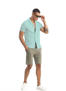 Mens Corduroy Camp Collar <b>Shirt</b> With Short Sleeves Solid Texture <b>Button</b> Front Regular Cut Travel Resort Casual Summer Outfit - Product Image 5