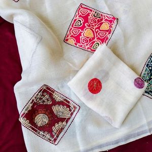 Sari de lino puro de diseñador con patchwork único, borlas y blusa bordada, precio al por mayor de Royal Export - Product Image 2