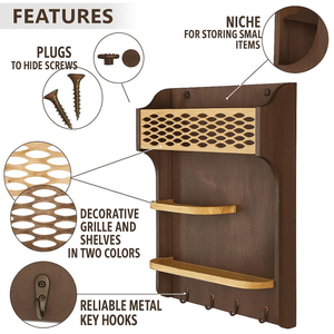 Organisateur mural en bois pour entrée avec étagères et crochets, porte-manteau rustique, porte-clés et organisateur de courrier - Product Image 4