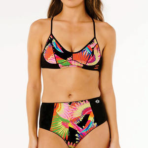 Conjunto de Bikini de 2 Piezas para Mujer con Estampado Tropical Personalizado al por Mayor, Traje de Baño de Cintura Alta con Espalda Cruzada, Servicio OEM - Product Image 1