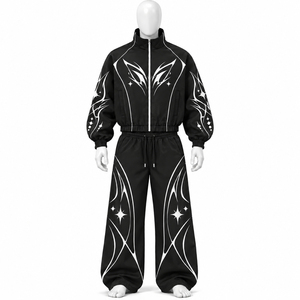 Conjunto de chándal personalizado oversize con paneles de ondas azules, estilo moderno, chaqueta cortavientos con capucha y pantalones de pierna ancha para ropa deportiva unisex - Product Image 4