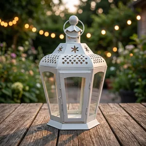 <b>White</b> Hexagon <b>Lantern</b> With Glass Panels Die Cutting Printing Heat Resistant Home Decoration With Lid - Product Image 5