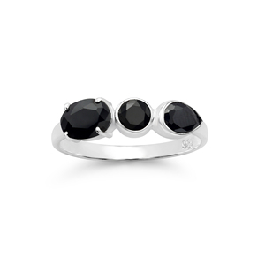 Anillo de Plata de Ley 925 con Tres Piedras de Ónix Negro Ovalado y Facetado, Estilo Clásico para Uso Diario, Anillo Fino - Product Image 1