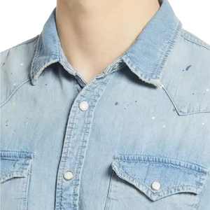 Chemise en jean pour homme Stone Blue Cowboy, en coton, manches longues, coupe ajustée, boutons pression perlés, col occidental, avec poches - Product Image 5
