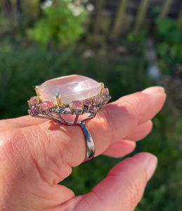 Natural Rose Quartz Tourmaline Rhodolite Garnet 925 Sterling Silver Black Rhodium <b>gold</b>/ Huge Pink Gem <b>Cocktail</b> <b>Ring</b> - Product Image 3