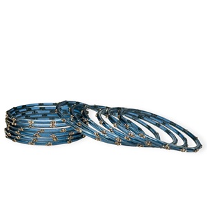 Glossy Emerald Cut Raindrop Blue Glass Kasmiri <b>Bangles</b> with Gold Plated Accents Lightweight Wedding Set for Festive Wear - Product Image 3