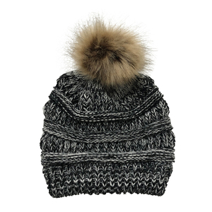 Bonnet en tricot mélange de laine crème avec pompon en fourrure, bonnet d'hiver tricoté à la main avec revers, pour l'hiver et les activités extérieures, bonnets ODM OEM - Product Image 3