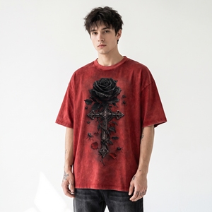 <b>Men's</b> Oversized <b>Red</b> Washed Gothic Rose Cross Graphic <b>T</b> <b>Shirt</b> with Black Floral Print and Dark Alternative Streetwear Design - Product Image 1