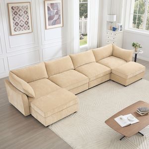 Divano componibile a U a 4 posti con seduta profonda e 2 pouf mobili per sgabelli e ottomane - Product Image 1