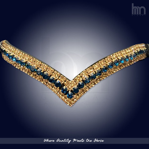 HM GLOBAL Premium Teal Blue Gold 5 rangées de cristaux en forme de V profond, frontale en cuir de cheval, bride de dressage ornée de strass - Product Image 3
